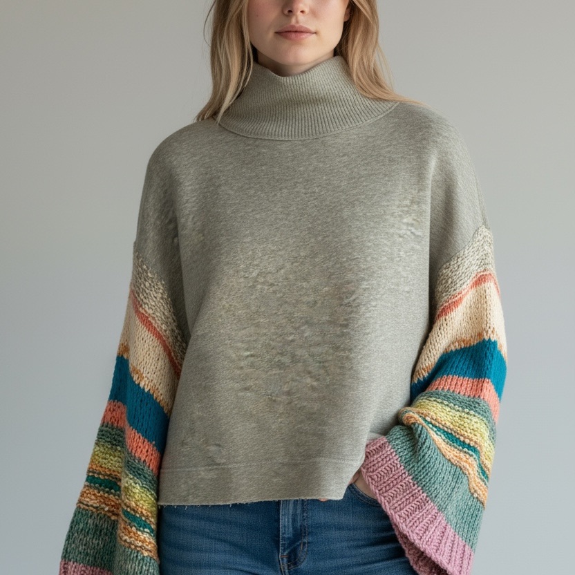 Free People Sage Green Cowl Neck Sweater With Multicolor Striped Balloon Sleeves